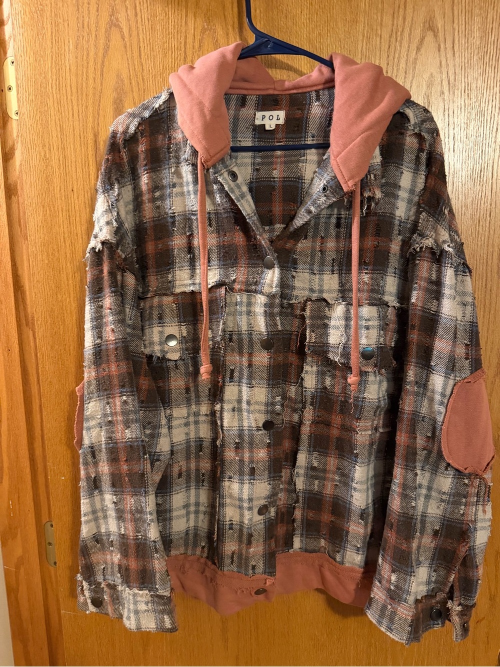 POL Rust and Cream Hooded Plaid Shirt Jacket